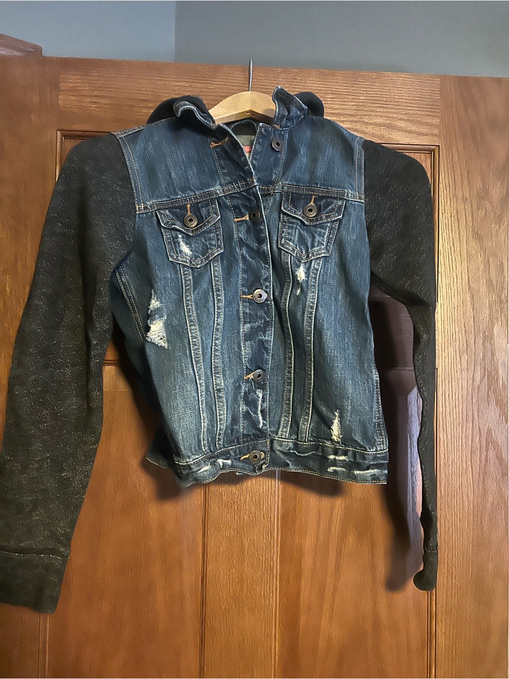 Abercrombie & Fitch Blue Denim Jacket with Black Knit Sleeves